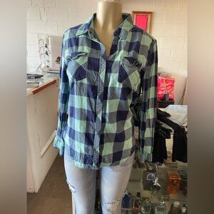 Arizona Jean Company Teal and Navy Checkered Shirt